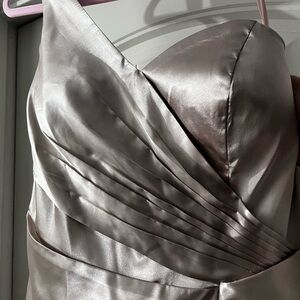 Satin V-Neck Pleated Evening Dress in Silver